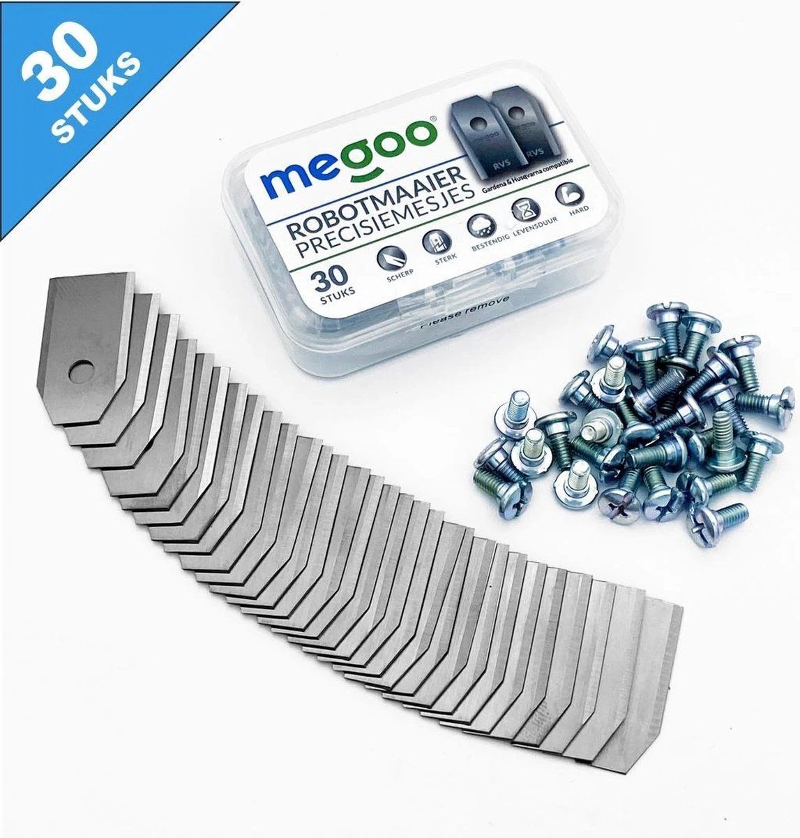 Mesjes Voor Husqvarna Automower - Reservemessen Voor Gardena Robotmaaier - 30st - RVS - Plastic Box - Megoo® 1 Mesjes Voor Husqvarna Automower - Reservemessen Voor Gardena Robotmaaier - 30st - RVS - Plastic Box - Megoo®